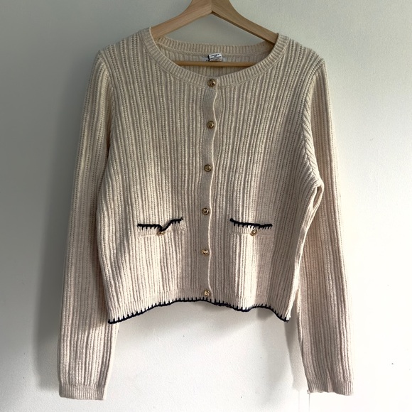 Song Of Style Ribbed Knit Cardigan Sweater Cream Navy Trim Gold Buttons NWT SZ L - Picture 1 of 6